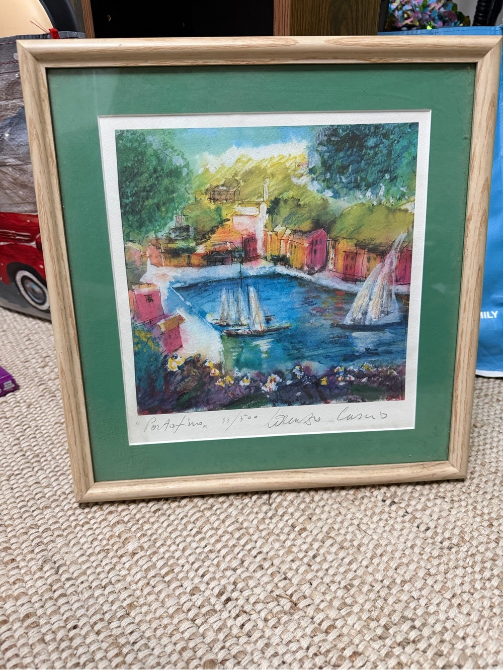 Signed Nautical Harbor Art Print in Green Mat